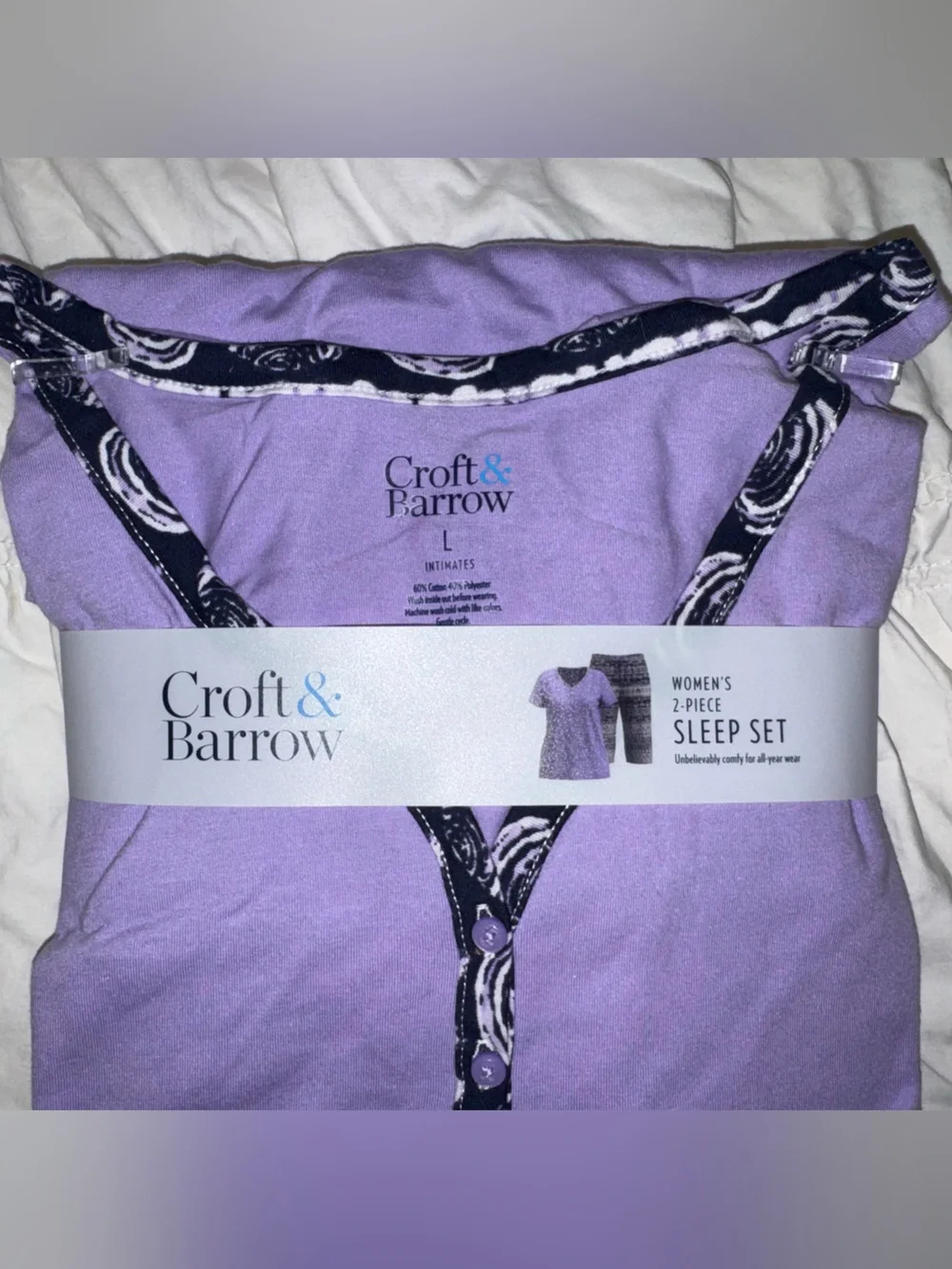 Croft & Barrow Lavender Two-Piece Women's Sleep Set with Navy Pattern